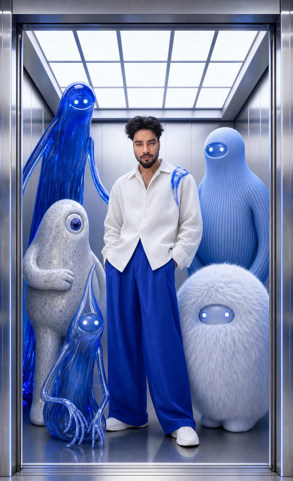 Sahid standing with original blue and white creatures inside a futuristic elevator